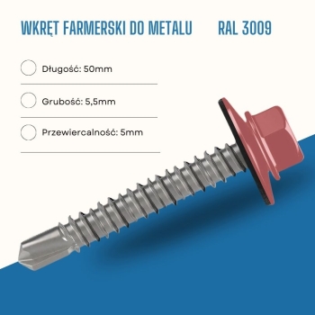 Wkręt farmerski do metalu 5,5X50 mm przewiercalność 5 mm w kolorze RAL 3009